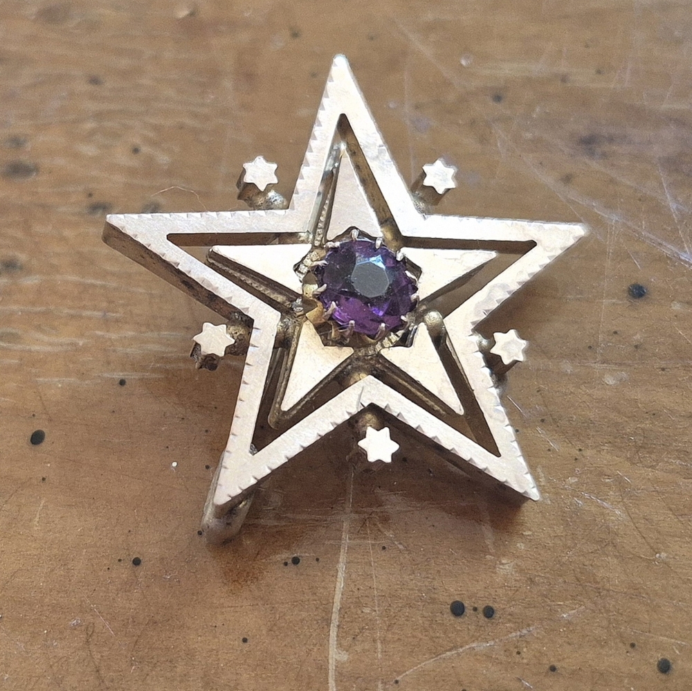 Antique Star Brooch With Purple Rhinestone